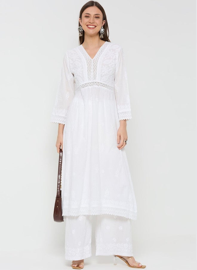 THREZO Women's Mul Cotton Chikankari Solid Long Kurta - Image 5
